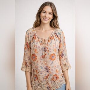 db Cream Orange Floral 3/4 Sleeve Crochet Scalloped Hem Sheer‎ Fairy Top Sz 2X